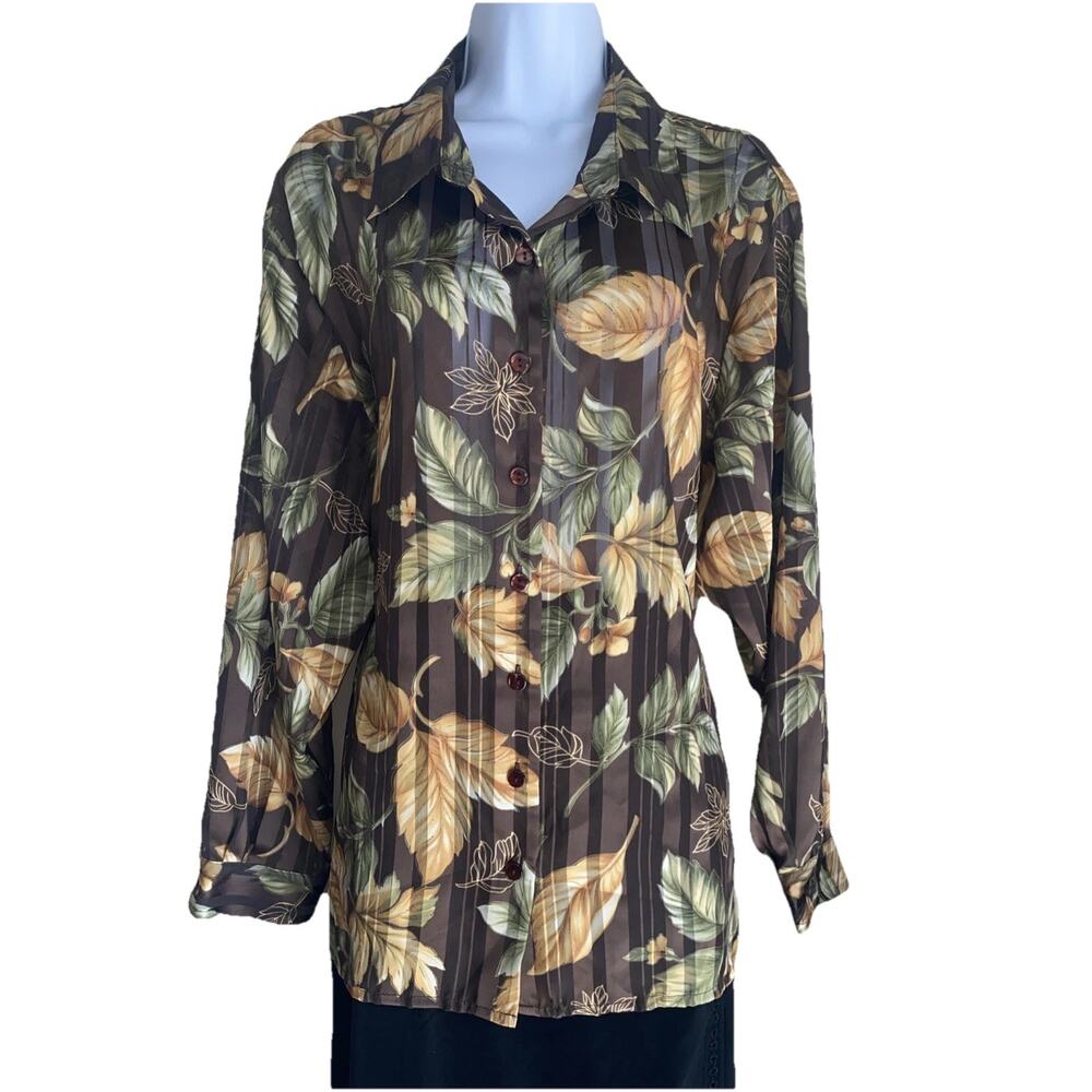 Bon Worth Womens XL Petite Brown Floral Tropical Sheer Boho Button Summer Blouse